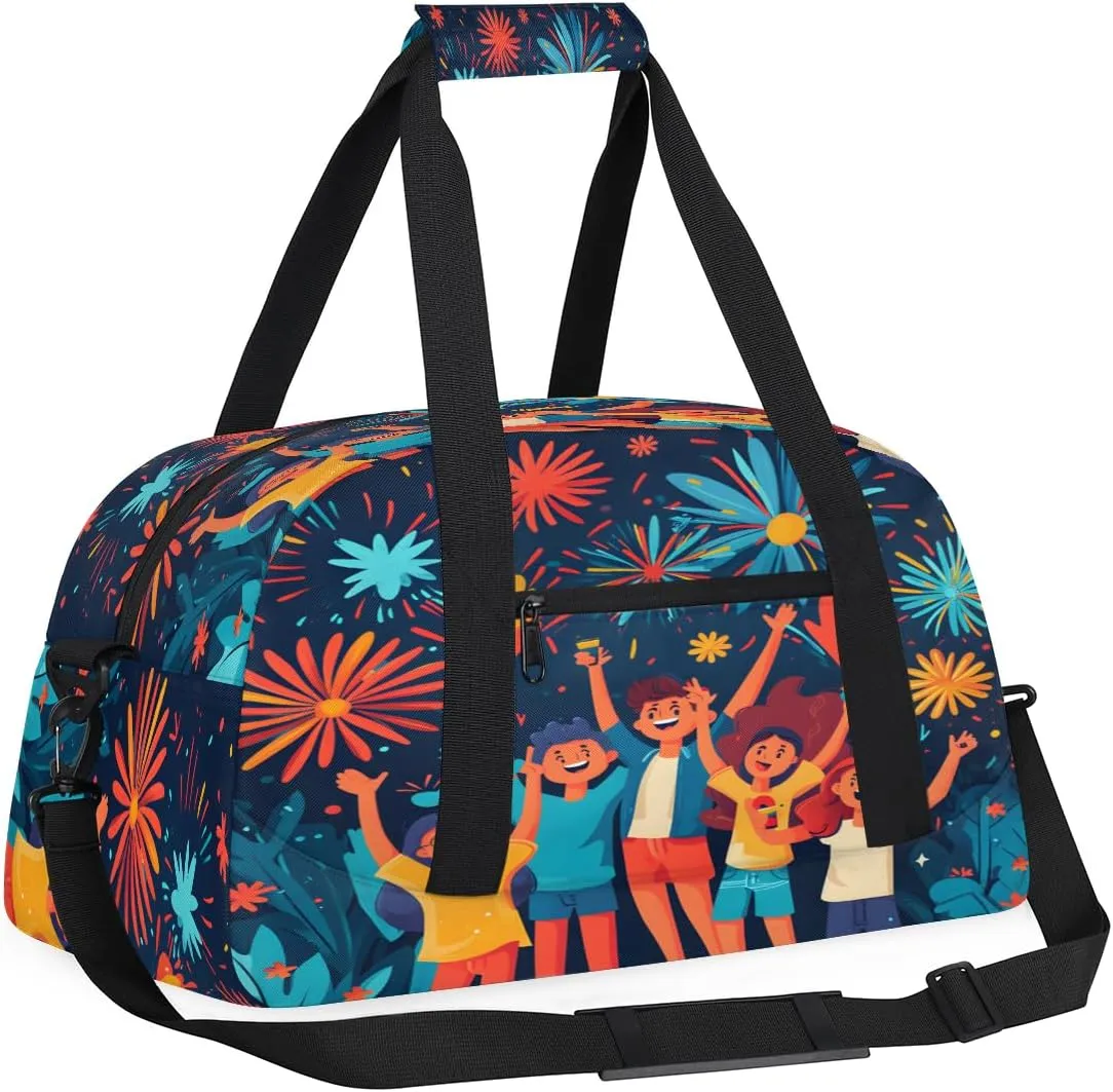 Fireworks Celebrate People Kids Overnighter Duffel Bags for Boys, Carry-On Size Sports Gym Bag with Front Zipper Pocket for School Practice or Overnight Travel Weekender Sleepover Tote Bag