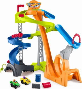 Fisher-Price Little People Toddler Toy Hot Wheels Spiral Stunt Speedway Race Track Playset with 2 Toy Cars for Kids Ages 18  Months