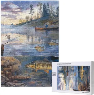 Fishing Lake Fishermen Print 1000 Piece Wooden Jigsaw Puzzle - Colorful Boxed Brain Teaser Gifts for Family Fun & Home Decor