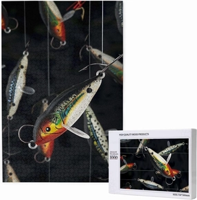 Fishing Lure Print 1000 Piece Wooden Jigsaw Puzzle - Colorful Boxed Brain Teaser Gifts for Family Fun & Home Decor