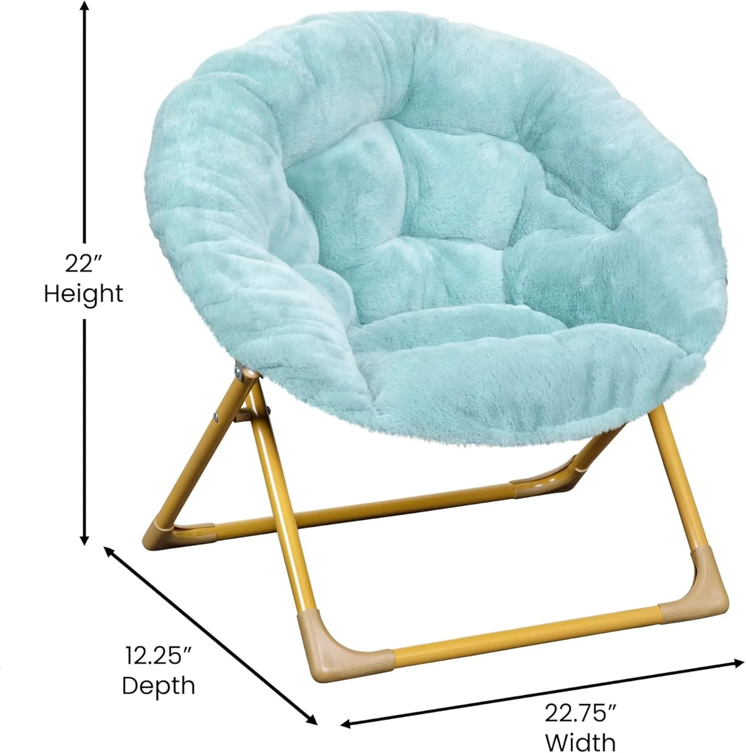 Flash Furniture Gwen Kids Cozy Mini Folding Saucer Chair - Dusty Aqua Faux Fur Moon Chair - Soft Gold Metal Frame - 23" Portable Folding Chair For Living or Bedroom