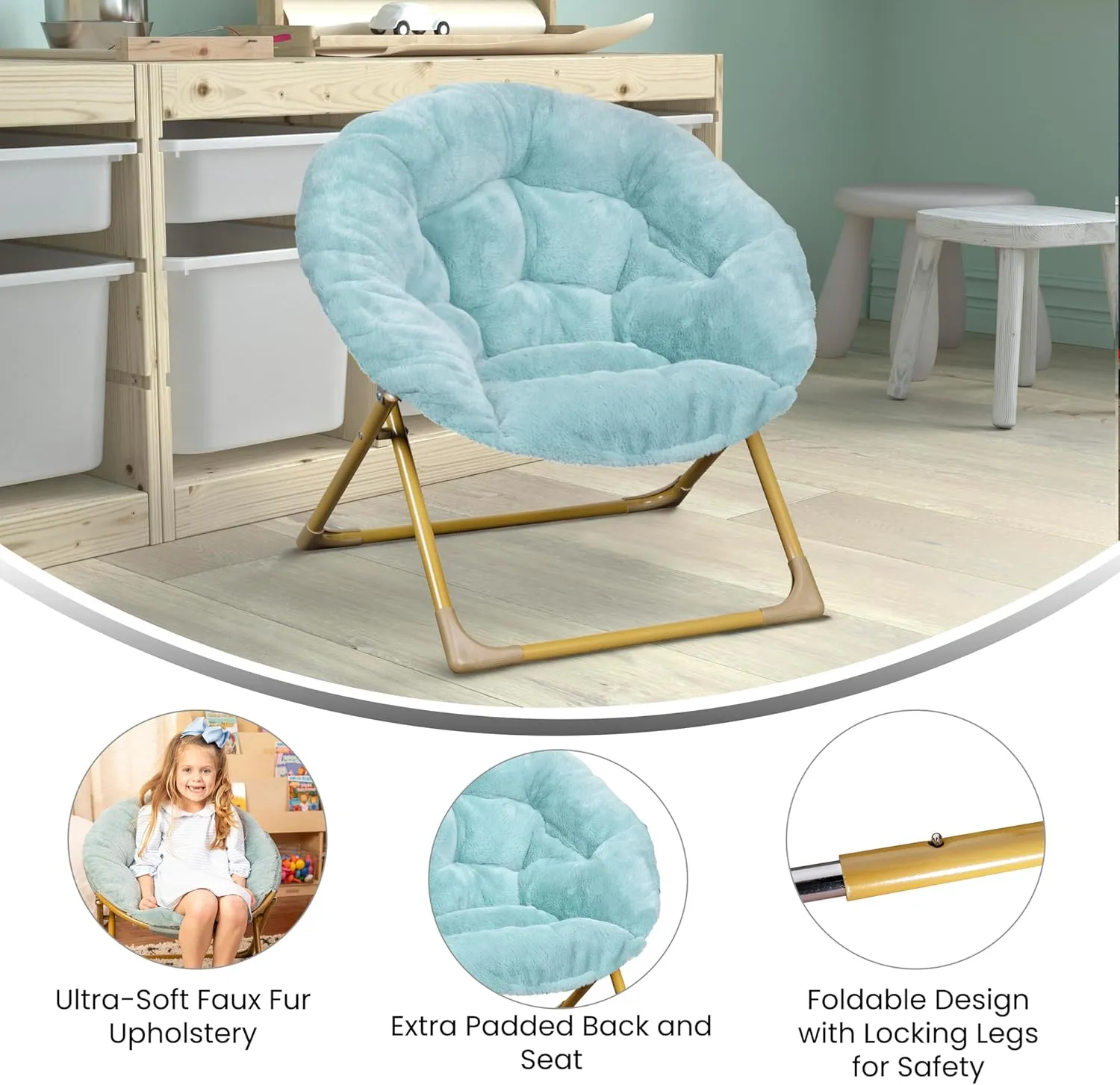 Flash Furniture Gwen Kids Cozy Mini Folding Saucer Chair - Dusty Aqua Faux Fur Moon Chair - Soft Gold Metal Frame - 23" Portable Folding Chair For Living or Bedroom