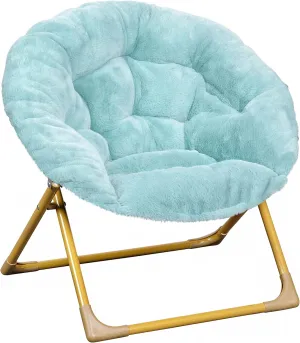 Flash Furniture Gwen Kids Cozy Mini Folding Saucer Chair - Dusty Aqua Faux Fur Moon Chair - Soft Gold Metal Frame - 23" Portable Folding Chair For Living or Bedroom
