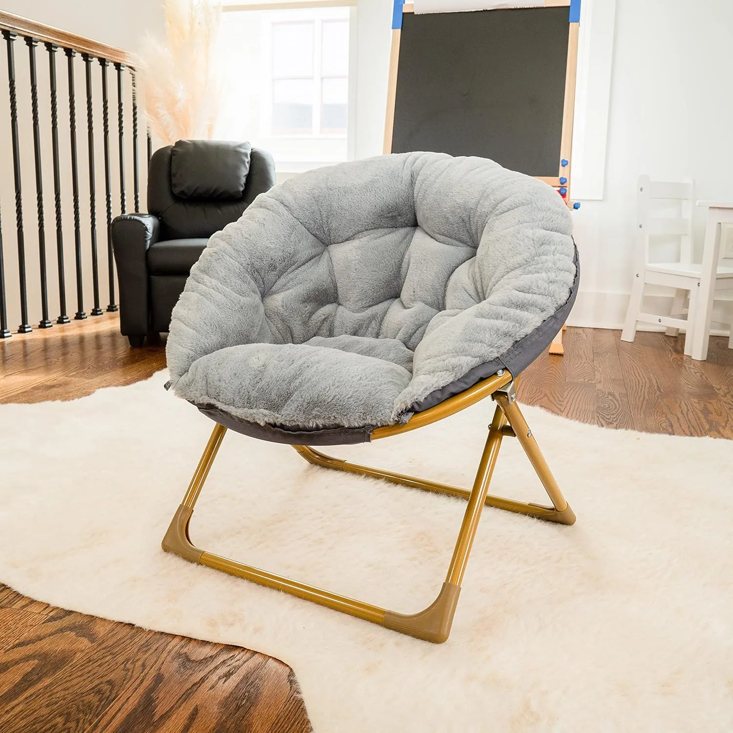 Flash Furniture Gwen Kids Cozy Mini Folding Saucer Chair - Gray Faux Fur Moon Chair - Soft Gold Metal Frame - 23" Portable Folding Chair For Living Room or Bedroom