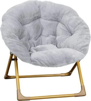Flash Furniture Gwen Kids Cozy Mini Folding Saucer Chair - Gray Faux Fur Moon Chair - Soft Gold Metal Frame - 23" Portable Folding Chair For Living Room or Bedroom