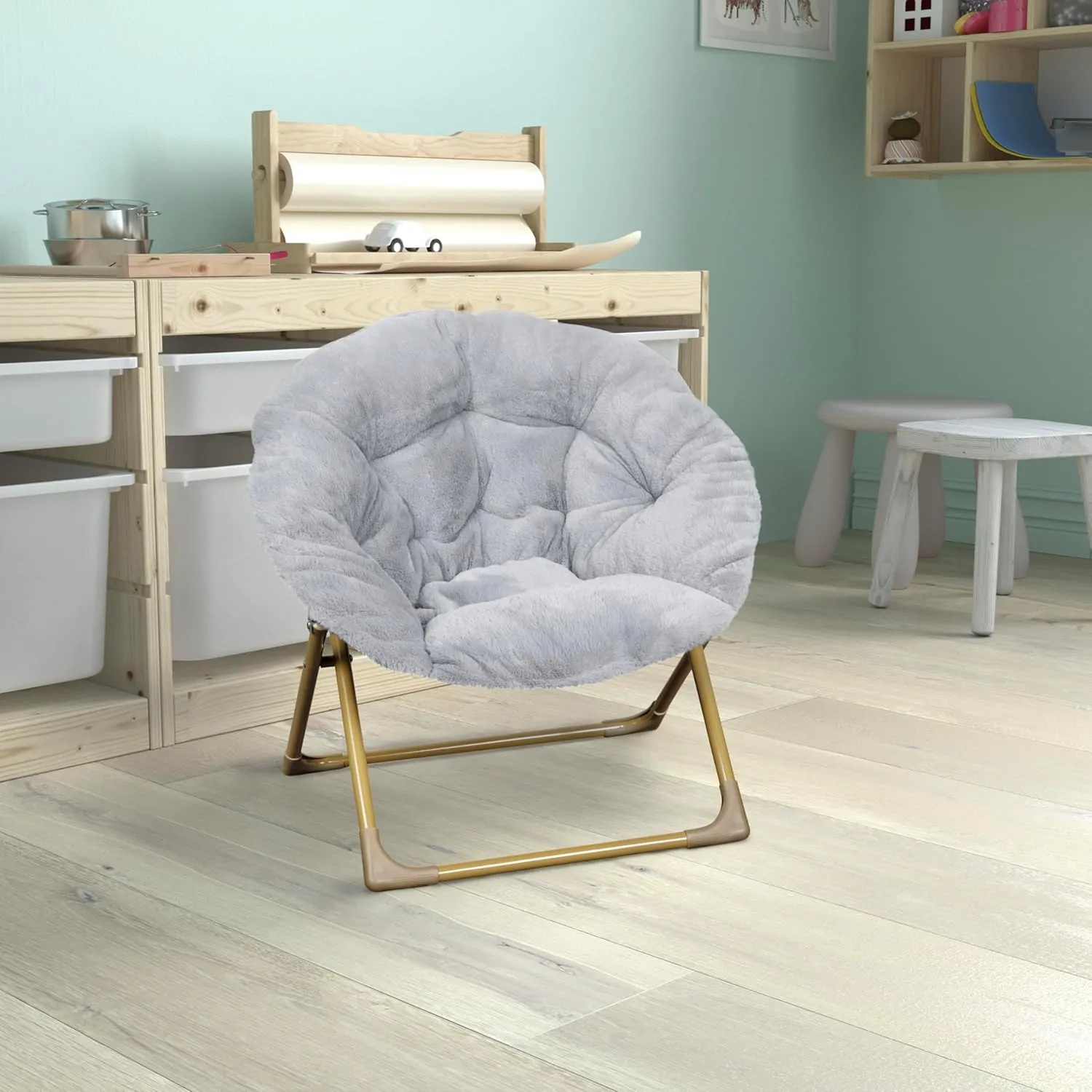 Flash Furniture Gwen Kids Cozy Mini Folding Saucer Chair - Gray Faux Fur Moon Chair - Soft Gold Metal Frame - 23" Portable Folding Chair For Living Room or Bedroom