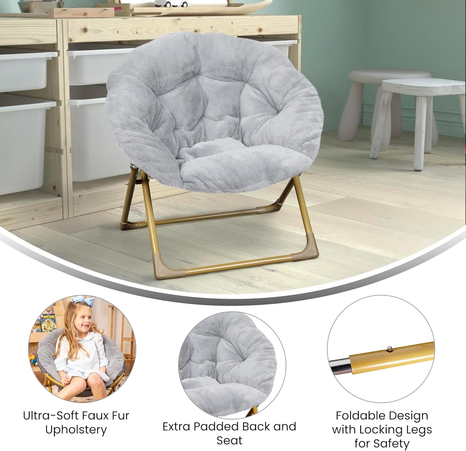 Flash Furniture Gwen Kids Cozy Mini Folding Saucer Chair - Gray Faux Fur Moon Chair - Soft Gold Metal Frame - 23" Portable Folding Chair For Living Room or Bedroom