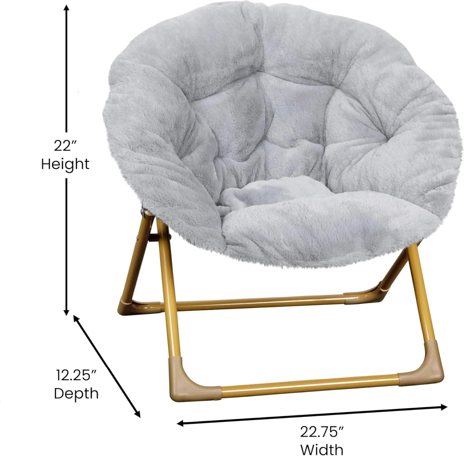 Flash Furniture Gwen Kids Cozy Mini Folding Saucer Chair - Gray Faux Fur Moon Chair - Soft Gold Metal Frame - 23" Portable Folding Chair For Living Room or Bedroom
