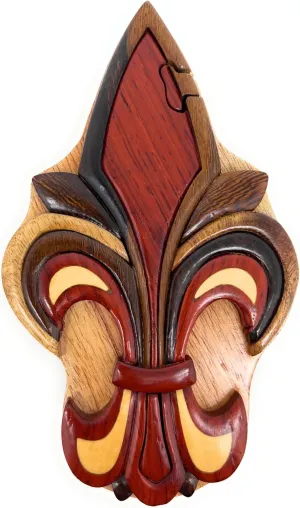 Fleur-de-Lis 3D Wooden Puzzle Box, All Natural Intarsia Wood Art, Handcrafted Secret Compartment
