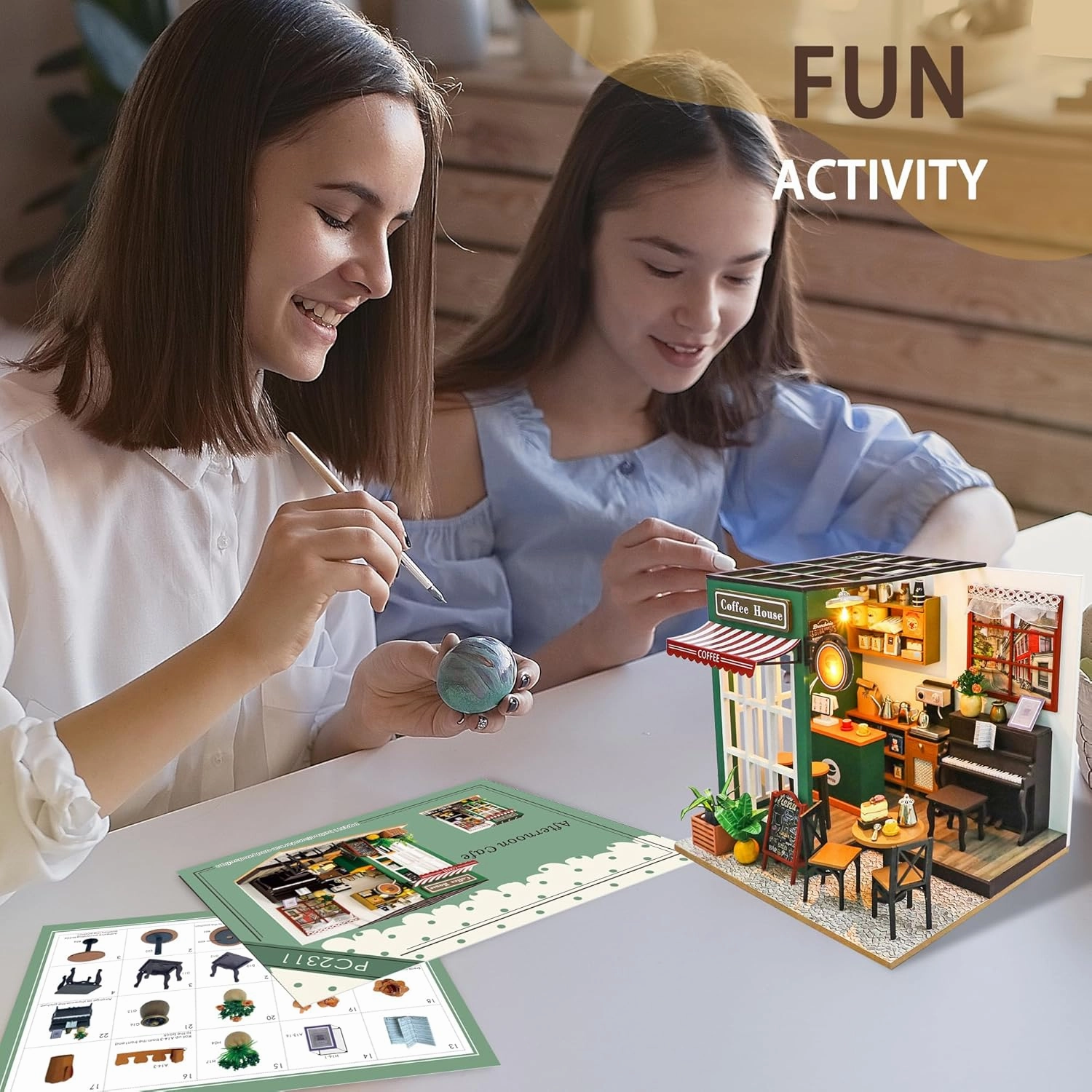 Flever Dollhouse Miniature DIY House Kit Creative Room with Furniture for Romantic Valentine's Gift(Afternoon Cafe)