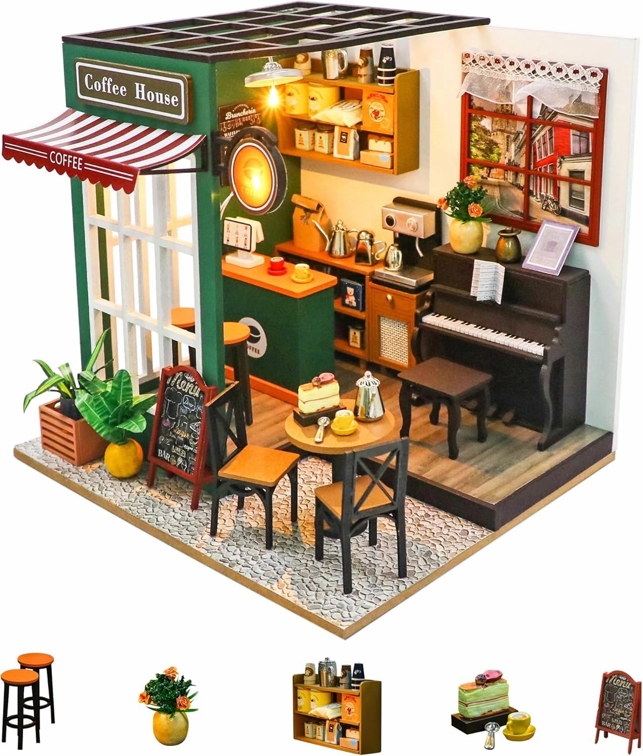 Flever Dollhouse Miniature DIY House Kit Creative Room with Furniture for Romantic Valentine's Gift(Afternoon Cafe)