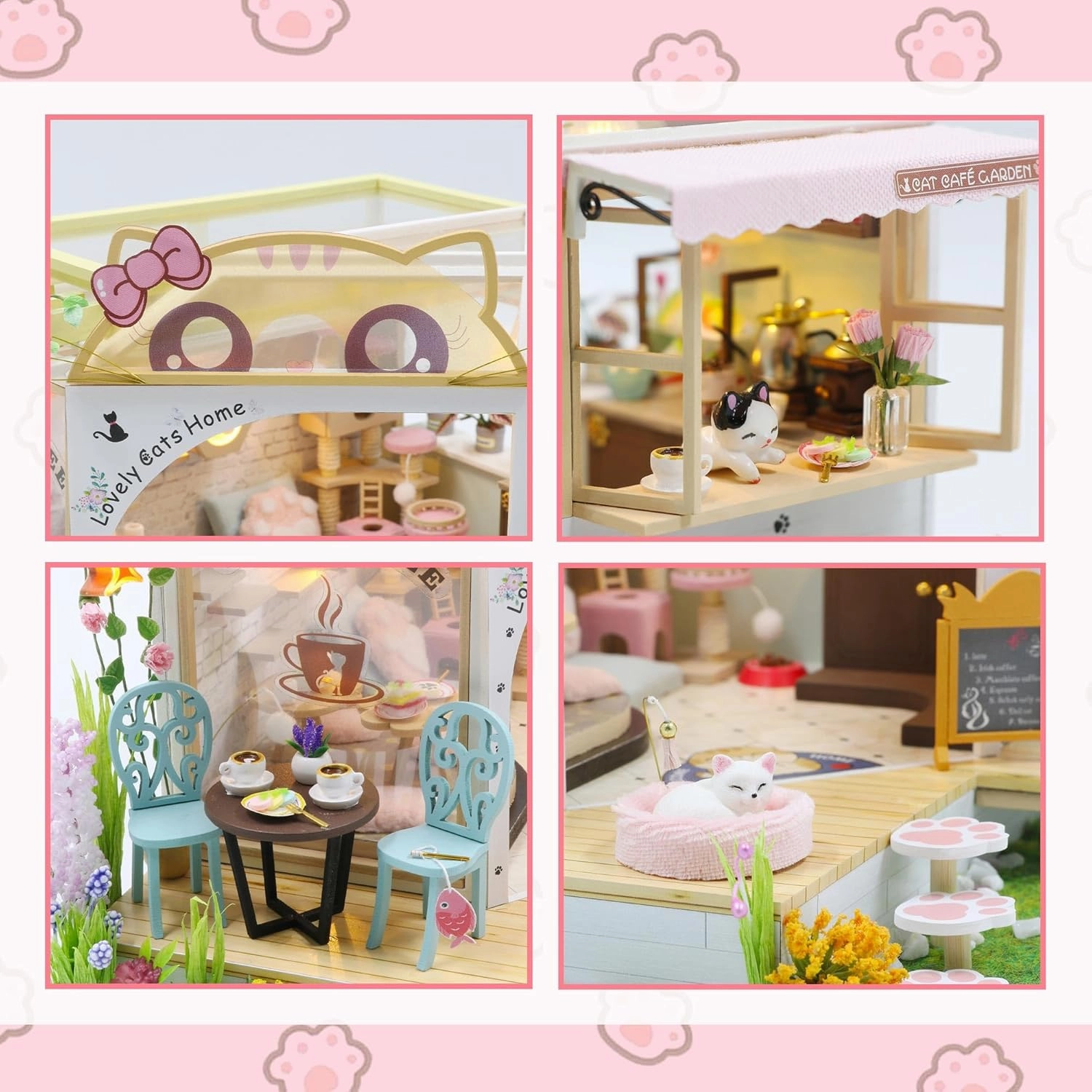 Flever Dollhouse Miniature DIY House Kit Creative Room with Furniture for Romantic Valentine's Gift (Cat Cafe Garden)