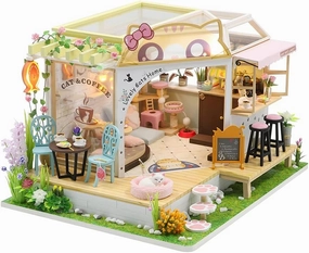 Flever Dollhouse Miniature DIY House Kit Creative Room with Furniture for Romantic Valentine's Gift (Cat Cafe Garden)