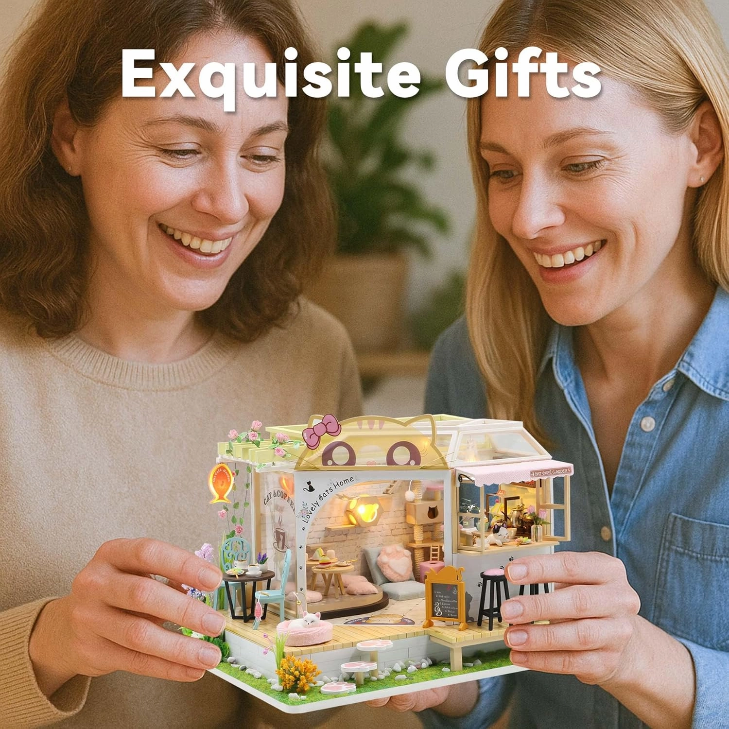 Flever Dollhouse Miniature DIY House Kit Creative Room with Furniture for Romantic Valentine's Gift (Cat Cafe Garden)
