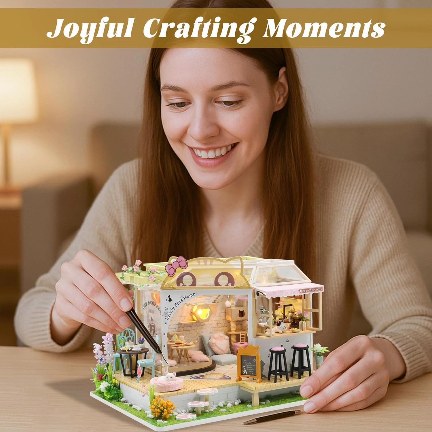 Flever Dollhouse Miniature DIY House Kit Creative Room with Furniture for Romantic Valentine's Gift (Cat Cafe Garden)