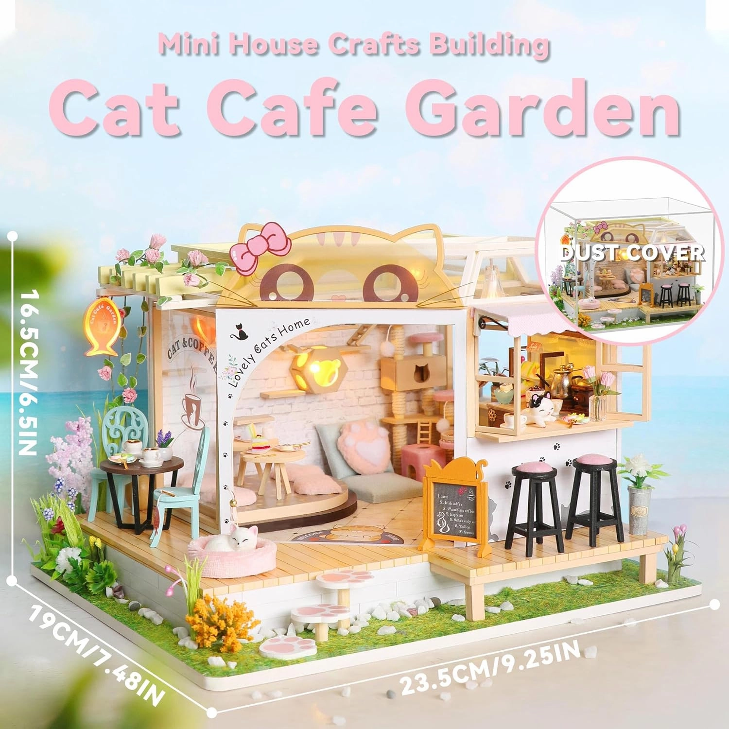 Flever Dollhouse Miniature DIY House Kit Creative Room with Furniture for Romantic Valentine's Gift (Cat Cafe Garden)