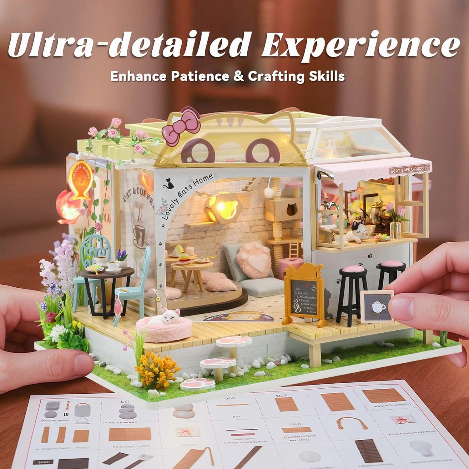 Flever Dollhouse Miniature DIY House Kit Creative Room with Furniture for Romantic Valentine's Gift (Cat Cafe Garden)