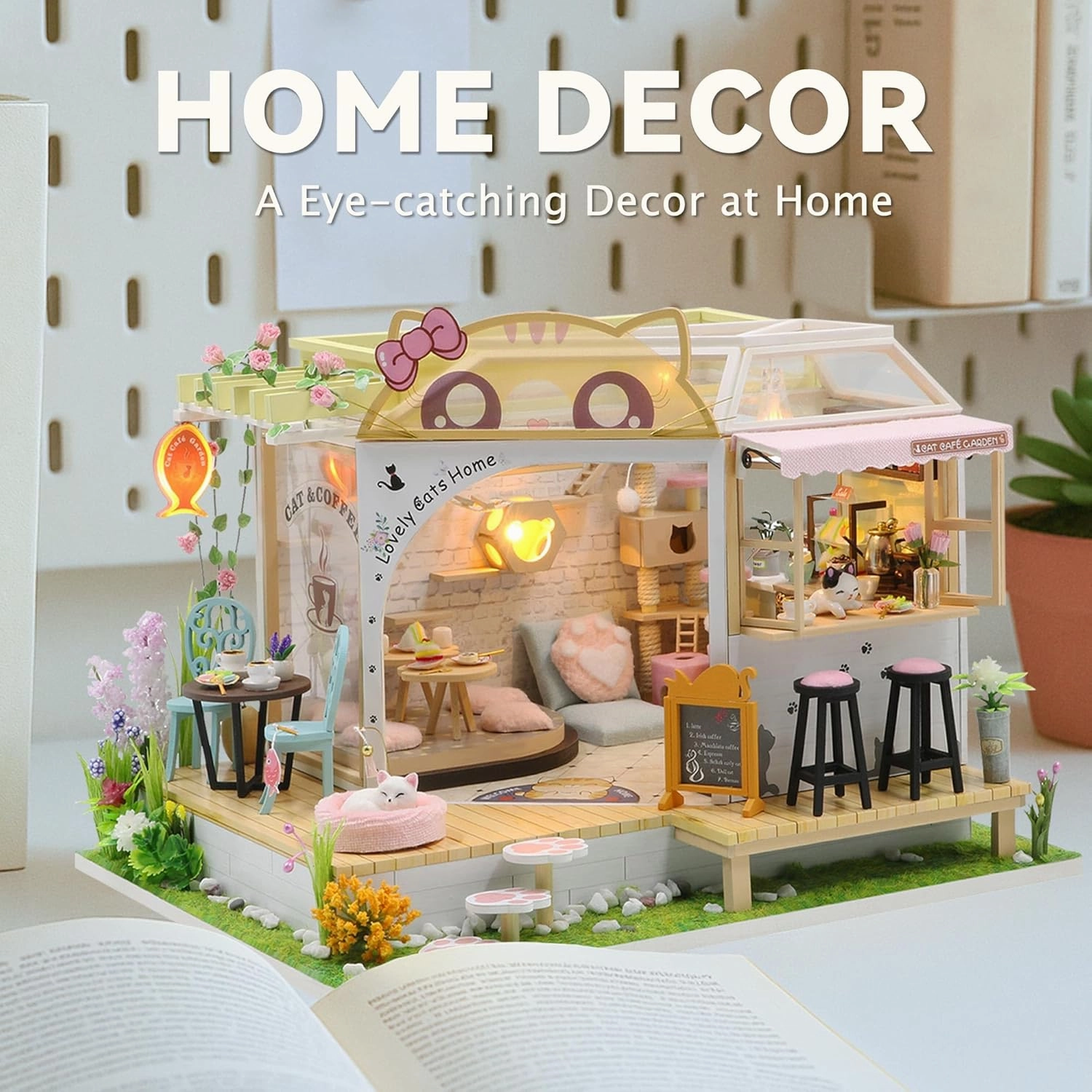 Flever Dollhouse Miniature DIY House Kit Creative Room with Furniture for Romantic Valentine's Gift (Cat Cafe Garden)