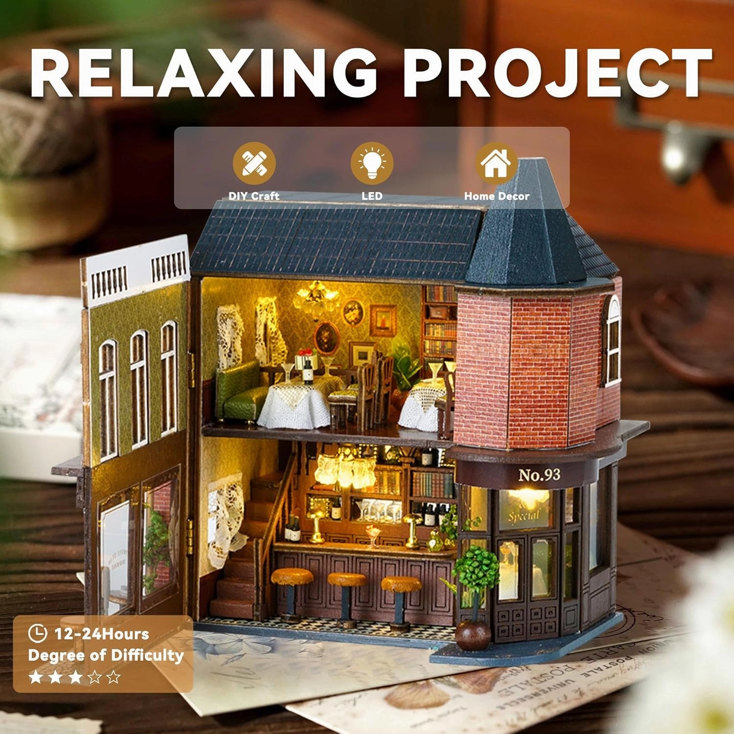 Flever Dollhouse Miniature DIY House Kit Creative Room with Furniture for Romantic Valentine's Gift (Corner Restaurant)