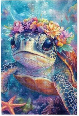 Flower Crown Sea Turtle In Coral Reef Jigsaw Puzzles 1000 Pcs, Colorful Wooden Ocean Puzzle With Fish & Starfish,Pieces Fit Together Perfectly,Creative Activity Hobbies For Adults