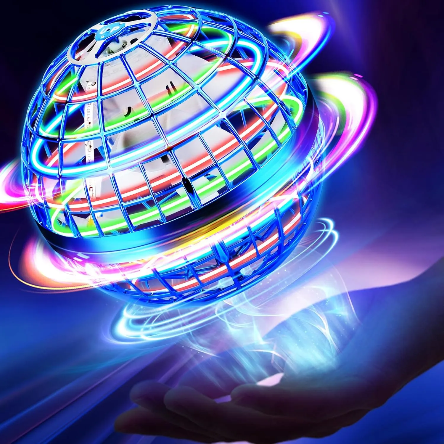 Flying Orb Ball Toy, Hand Controlled Hover Ball with LED Lights, 360° Rotating Boomerang Globe, Cool Mini Drone Spinner for Kids, Ideal Birthday & Festival Gift for Boys and Girls -Bright Blue
