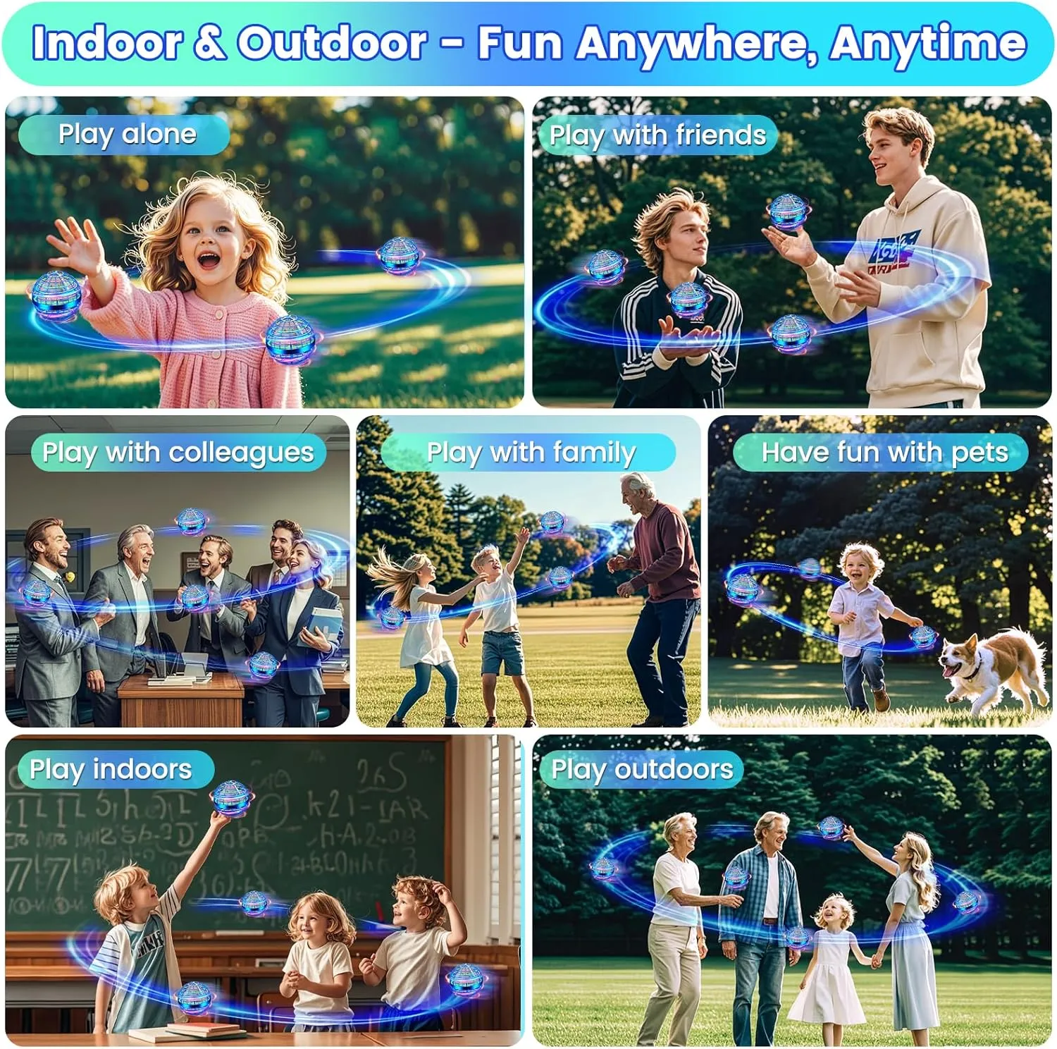 Flying Orb Ball Toy, Hand Controlled Hover Ball with LED Lights, 360° Rotating Boomerang Globe, Cool Mini Drone Spinner for Kids, Ideal Birthday & Festival Gift for Boys and Girls -Bright Blue