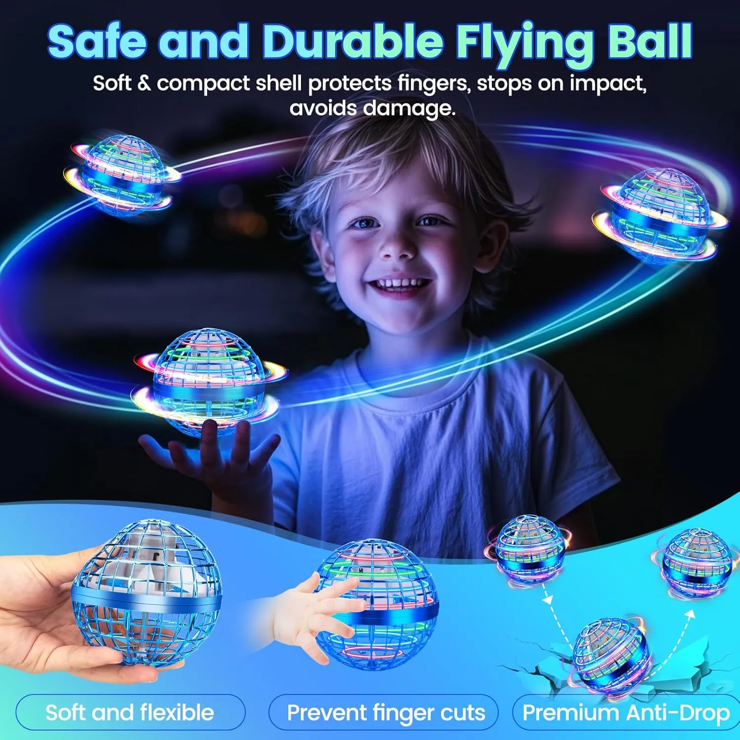Flying Orb Ball Toy, Hand Controlled Hover Ball with LED Lights, 360° Rotating Boomerang Globe, Cool Mini Drone Spinner for Kids, Ideal Birthday & Festival Gift for Boys and Girls -Bright Blue