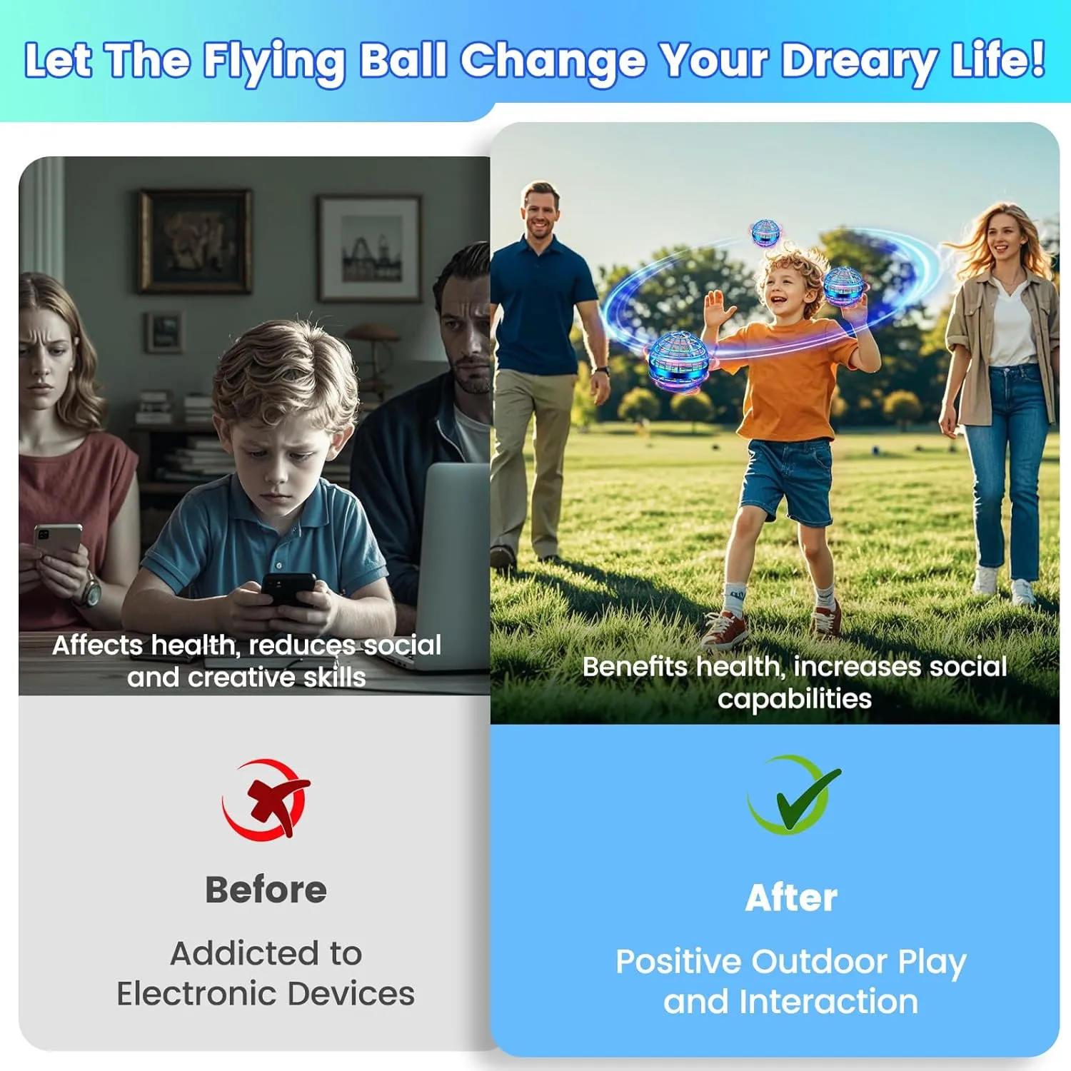 Flying Orb Ball Toy, Hand Controlled Hover Ball with LED Lights, 360° Rotating Boomerang Globe, Cool Mini Drone Spinner for Kids, Ideal Birthday & Festival Gift for Boys and Girls -Bright Blue