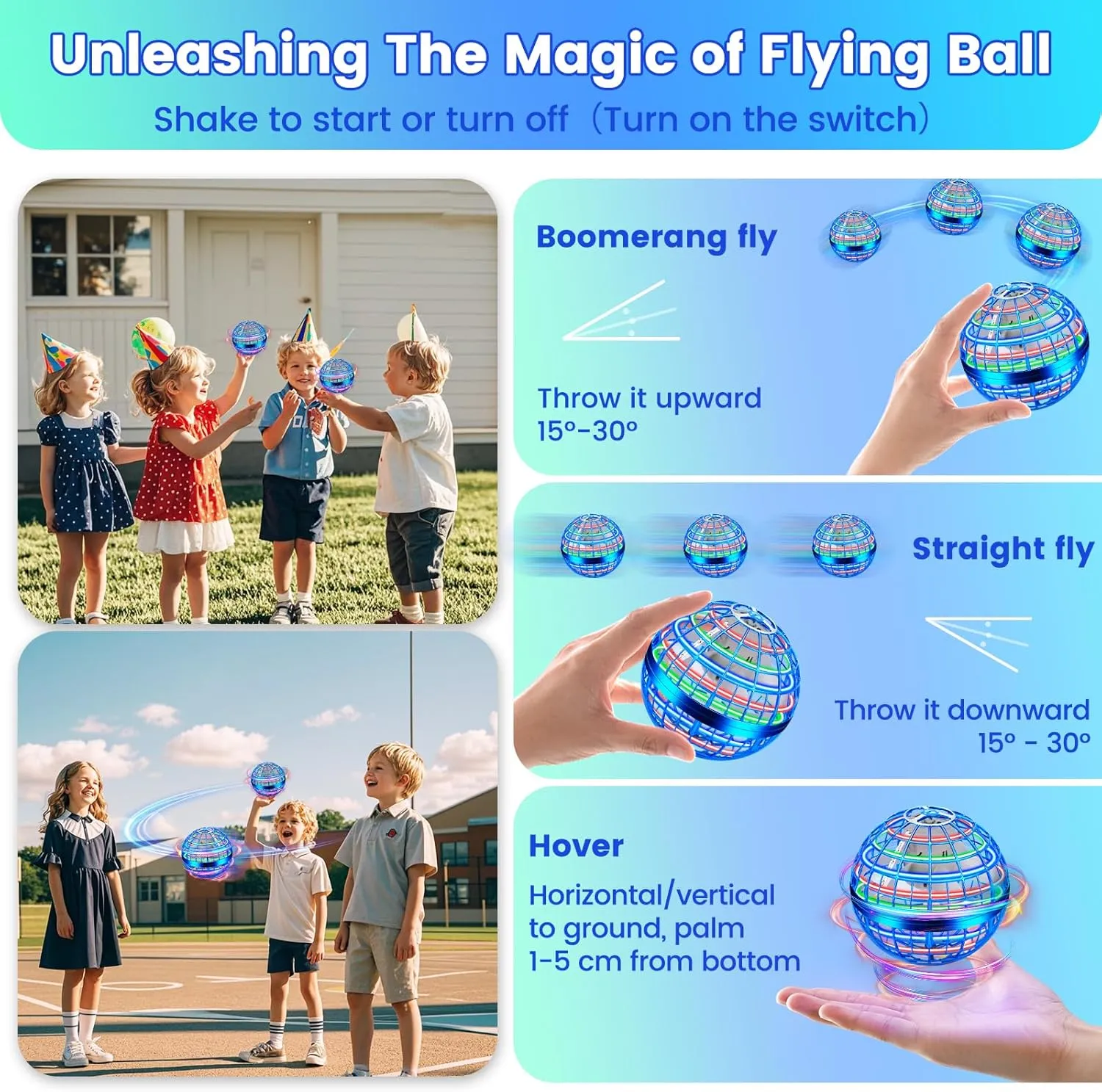 Flying Orb Ball Toy, Hand Controlled Hover Ball with LED Lights, 360° Rotating Boomerang Globe, Cool Mini Drone Spinner for Kids, Ideal Birthday & Festival Gift for Boys and Girls -Bright Blue