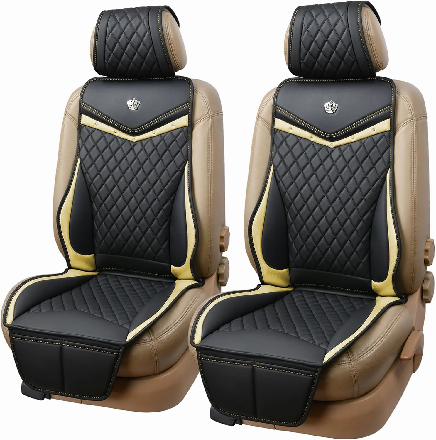 Flying Banner car seat Covers seat Cushions Luxe Fit Faux Leather Easy Installation Vehicles Non Slip Premium (Black Gold, 2 x Front Seat Cover)