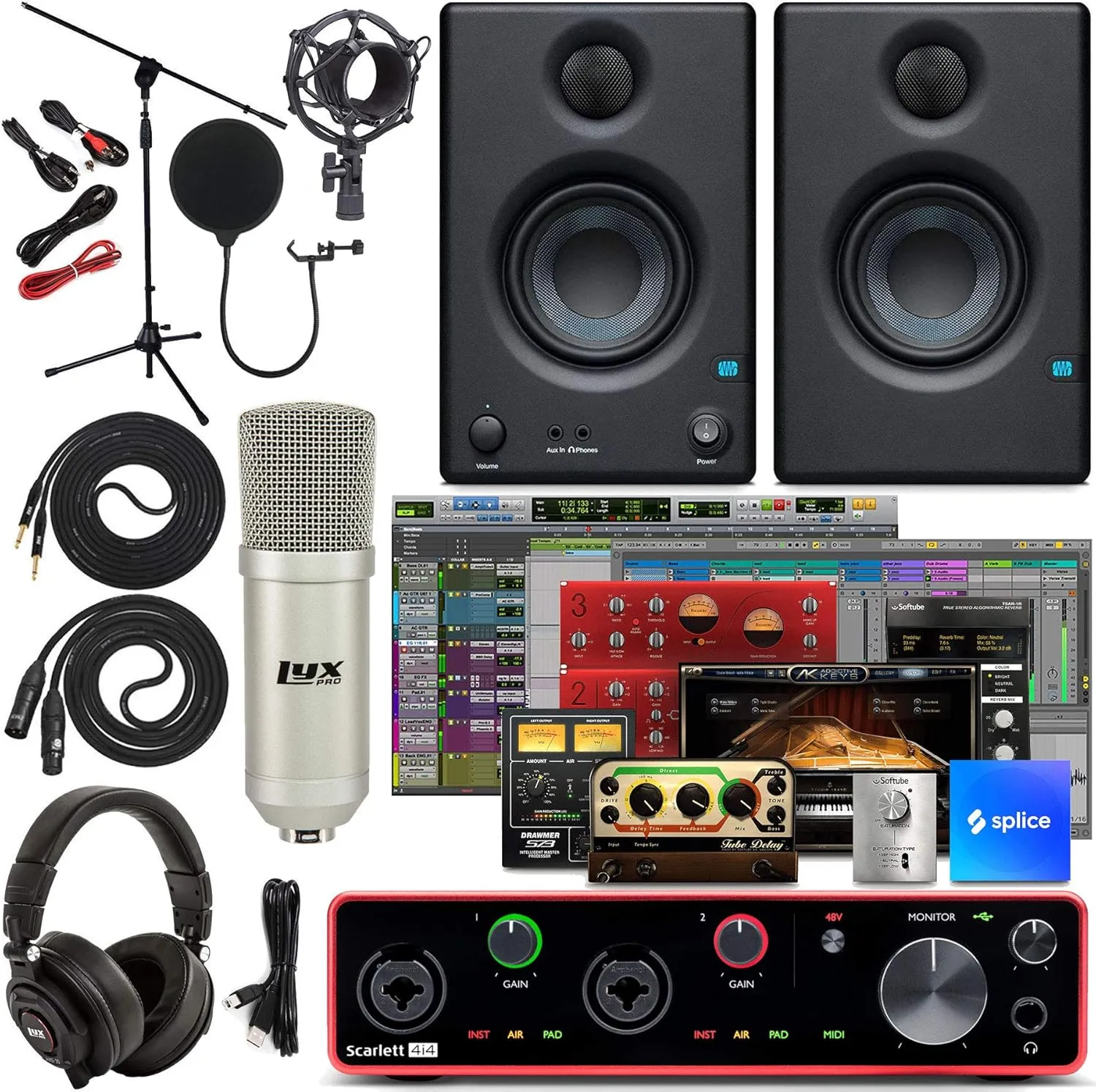 Focusrite Scarlett 4i4 4x4 USB Audio Interface Full Studio Bundle with Download for Creative Music Production Software Kit and Eris 4.5 Pair Studio Monitors and 1/4” Instrument Cables