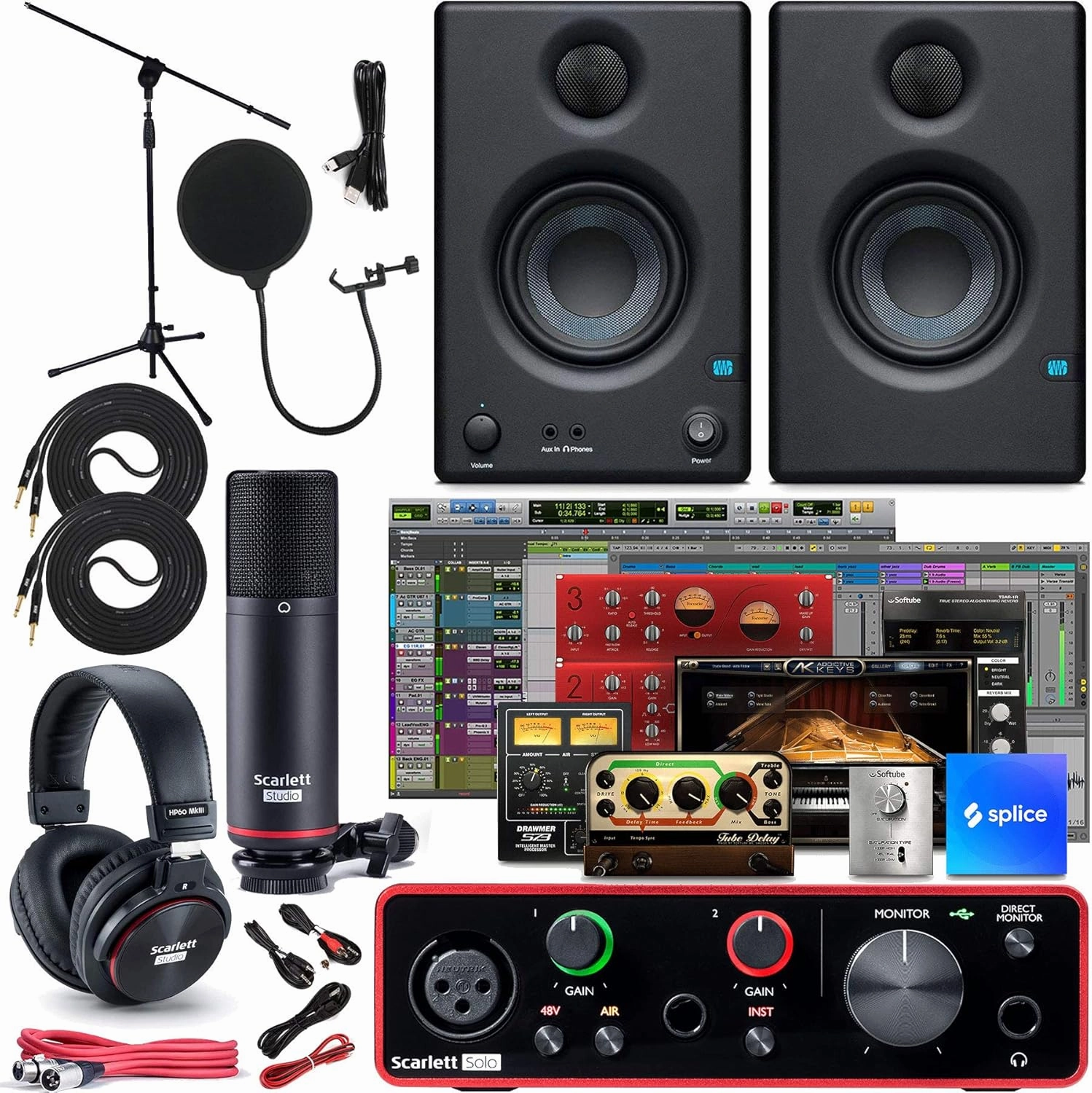 Focusrite Scarlett Solo 2x2 USB Audio Interface Full Studio Bundle with Creative Music Production Software Kit and Eris 3.5 Pair Studio Monitors and 1/4” Instrument Cables
