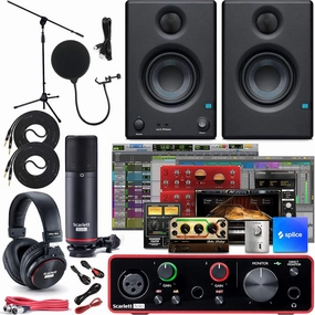 Focusrite Scarlett Solo 2x2 USB Audio Interface Full Studio Bundle with Creative Music Production Software Kit and Eris 3.5 Pair Studio Monitors and 1/4” Instrument Cables