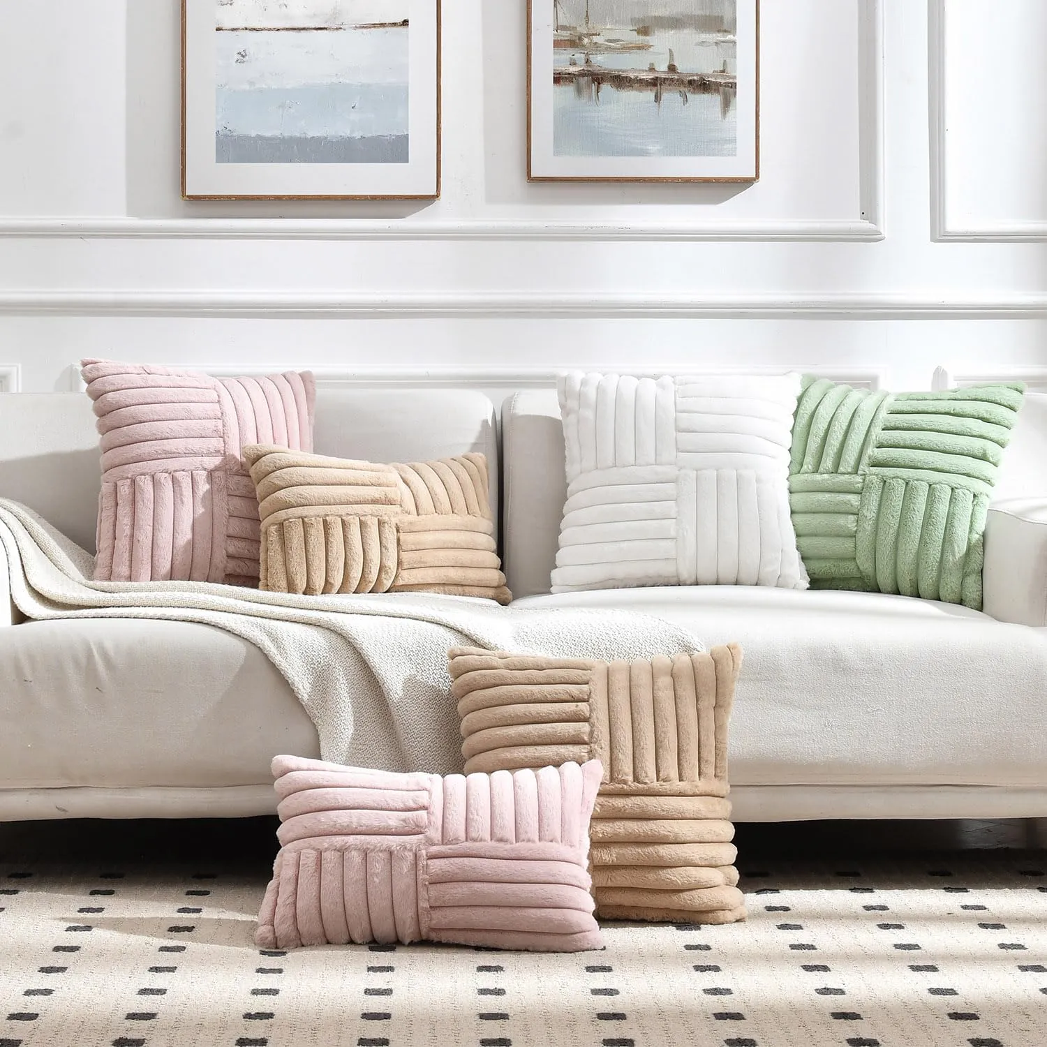 Foindtower Pack of 2, Faux Fur Plush Decorative Throw Pillow Covers Soft Fluffy Lumbar Cushion Case Cozy Fuzzy Striped Pillowcase Home Decor for Sofa Couch Living Room Bedroom 12x20 Inch, Light Khaki