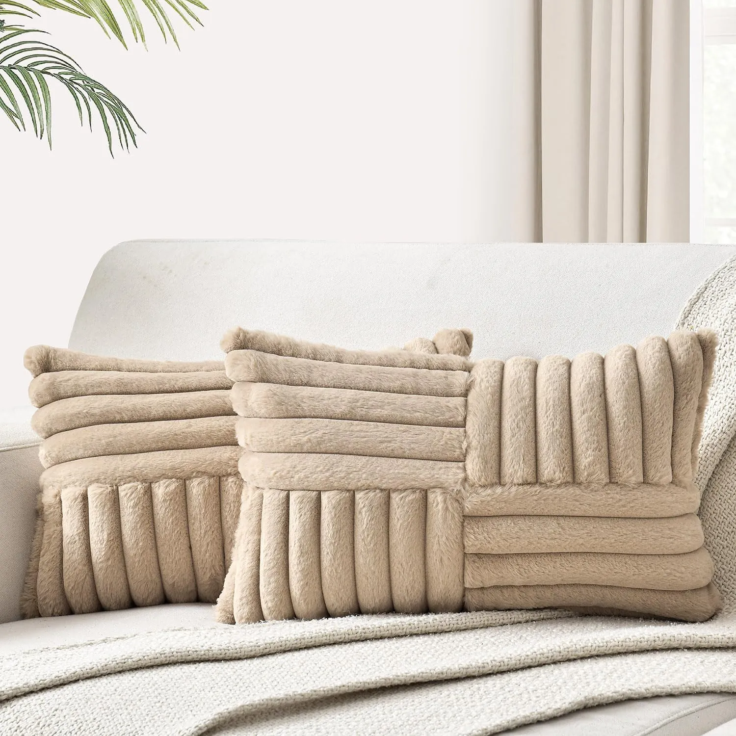 Foindtower Pack of 2, Faux Fur Plush Decorative Throw Pillow Covers Soft Fluffy Lumbar Cushion Case Cozy Fuzzy Striped Pillowcase Home Decor for Sofa Couch Living Room Bedroom 12x20 Inch, Light Khaki
