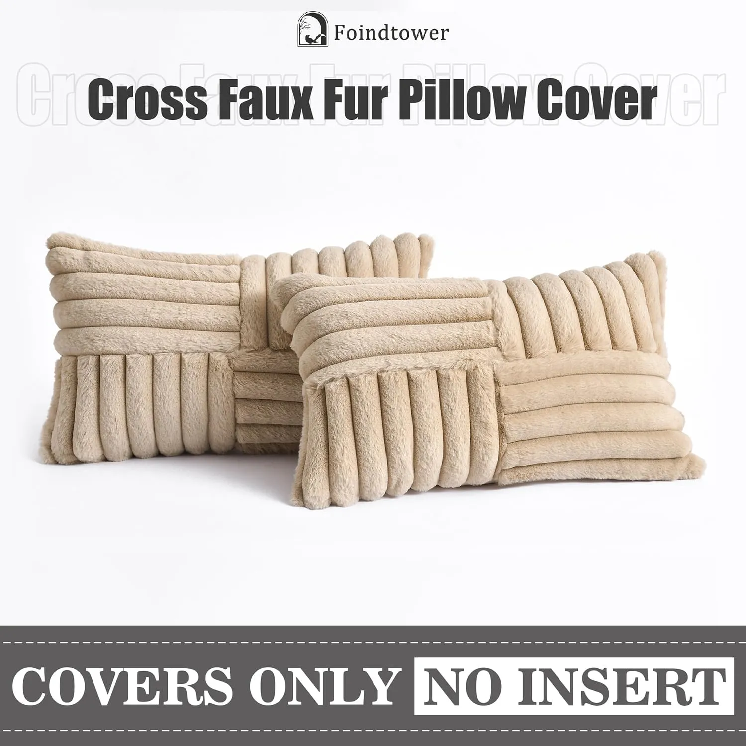 Foindtower Pack of 2, Faux Fur Plush Decorative Throw Pillow Covers Soft Fluffy Lumbar Cushion Case Cozy Fuzzy Striped Pillowcase Home Decor for Sofa Couch Living Room Bedroom 12x20 Inch, Light Khaki