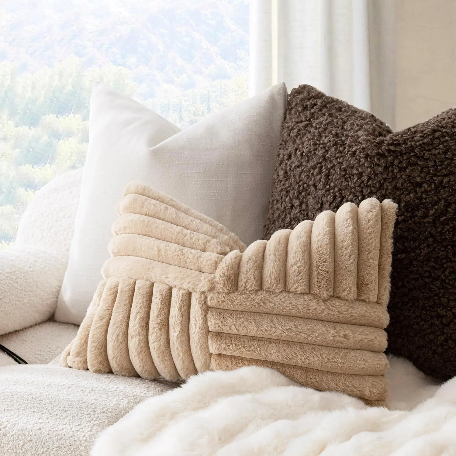 Foindtower Pack of 2, Faux Fur Plush Decorative Throw Pillow Covers Soft Fluffy Lumbar Cushion Case Cozy Fuzzy Striped Pillowcase Home Decor for Sofa Couch Living Room Bedroom 12x20 Inch, Light Khaki