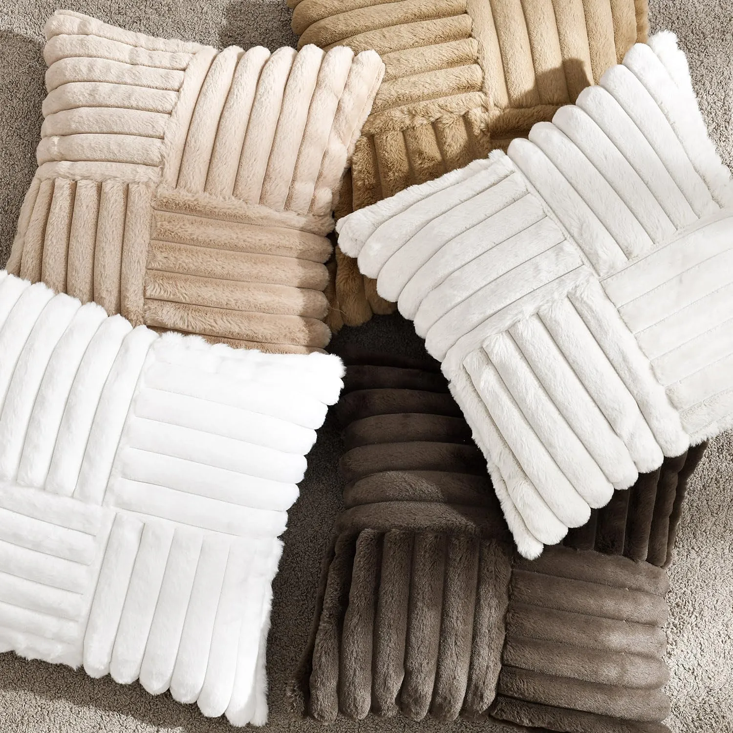 Foindtower Pack of 2, Faux Fur Plush Decorative Throw Pillow Covers Soft Fluffy Lumbar Cushion Case Cozy Fuzzy Striped Pillowcase Home Decor for Sofa Couch Living Room Bedroom 12x20 Inch, Light Khaki