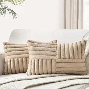 Foindtower Pack of 2, Faux Fur Plush Decorative Throw Pillow Covers Soft Fluffy Lumbar Cushion Case Cozy Fuzzy Striped Pillowcase Home Decor for Sofa Couch Living Room Bedroom 12x20 Inch, Light Khaki
