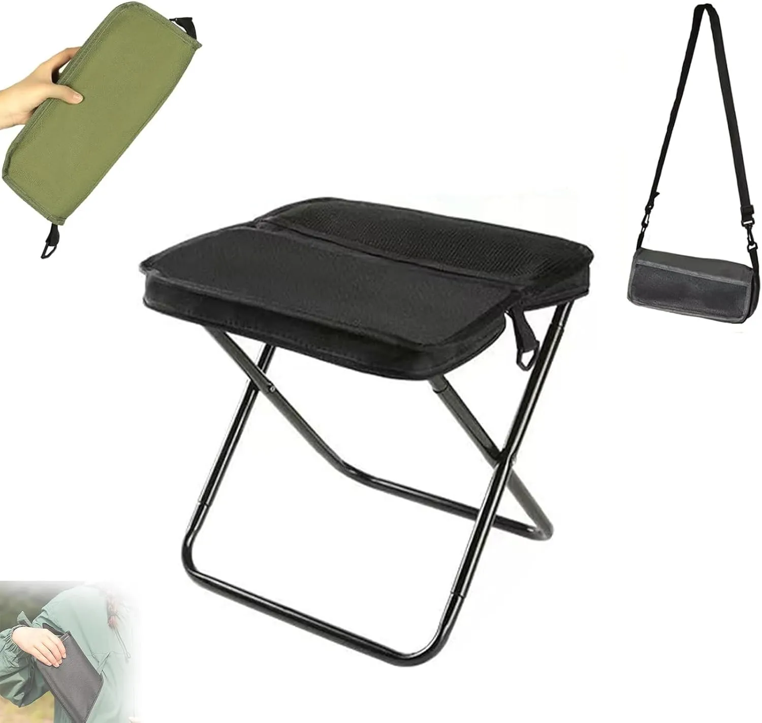 Foldable Backpack Stool, Portable Mini Outdoor Camping Folding Seat with Adjustable Shoulder Strap, Mountaineering and Hiking Portable Stool, for Camping, Fishing, Max Weight 330 Lbs (Black)