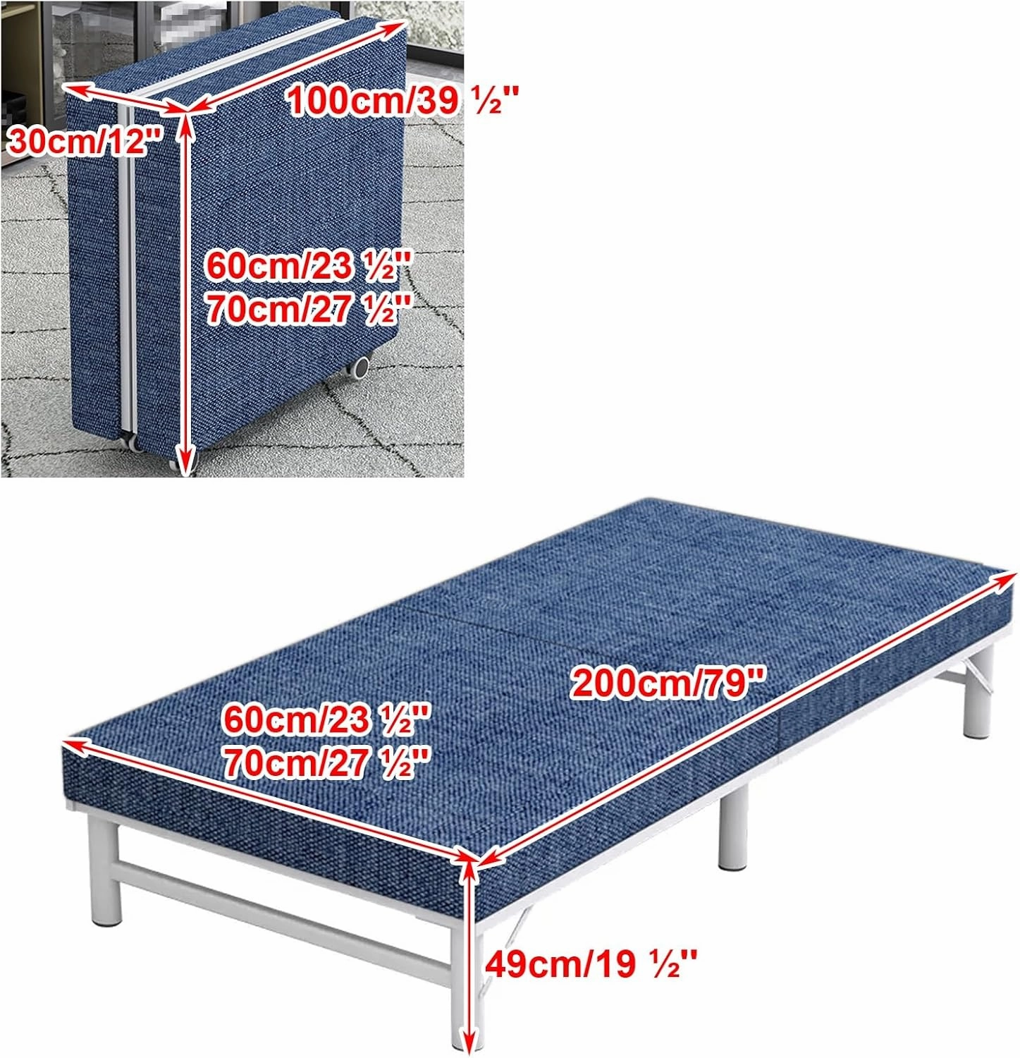 Folding Beds with Mattress, Portable Folding Bed for Adults with Casters, Folding Camping Cot for Office Nap(Blue,60cm/23.5in)