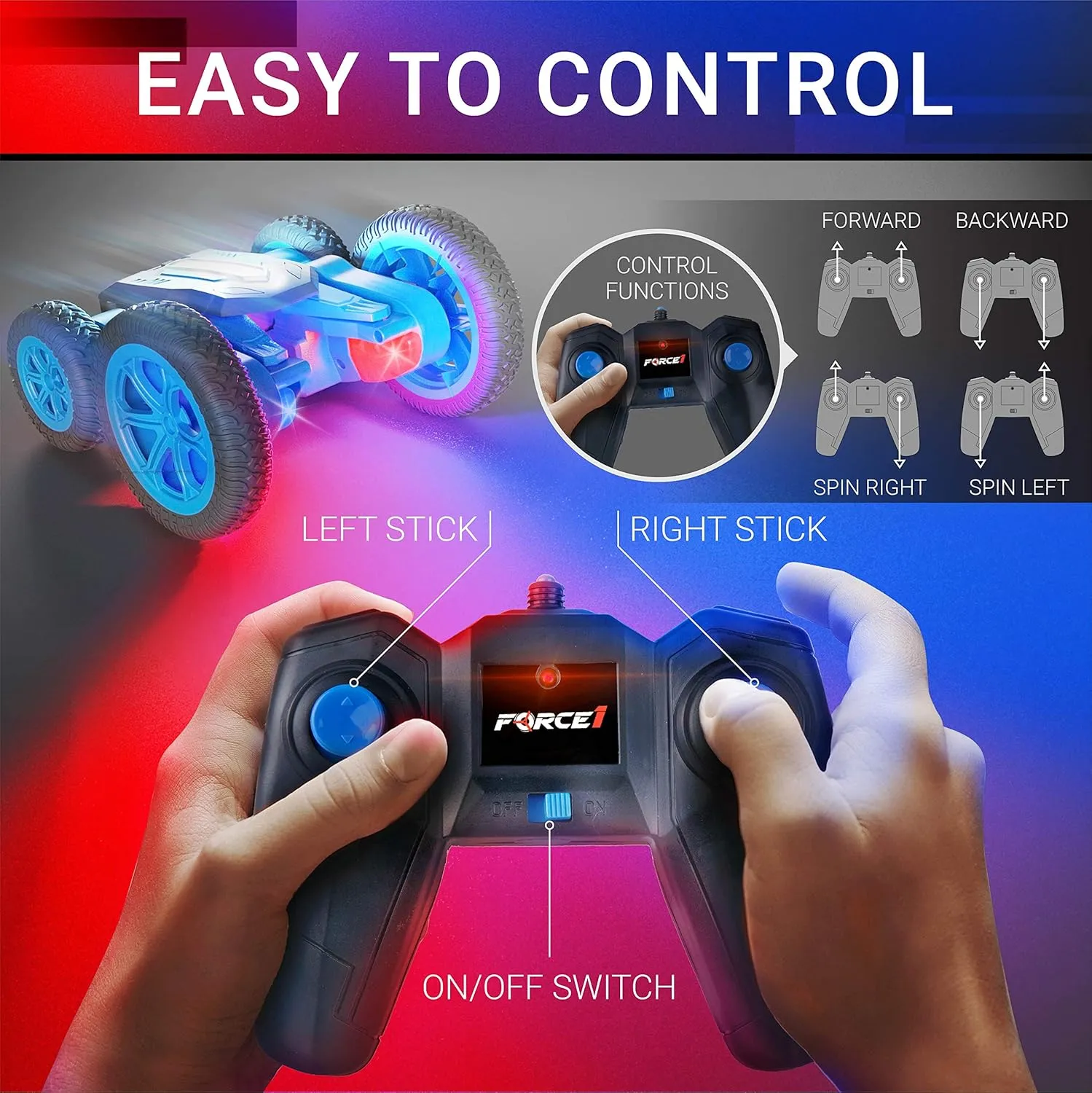 Force1 Tornado Blue LED Remote Control Car for Kids- Double Sided Driving Fast RC Cars 360 Flips, Outdoor 4WD Off Road Stunt RC Car, All Terrain Tires, RC Crawler Rechargeable Battery, 2.4GHz Remote
