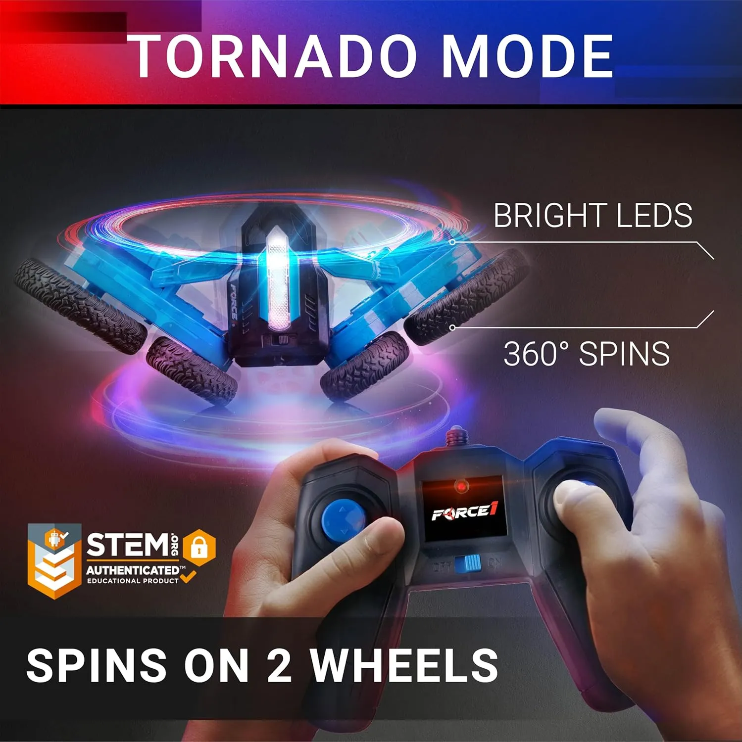 Force1 Tornado Blue LED Remote Control Car for Kids- Double Sided Driving Fast RC Cars 360 Flips, Outdoor 4WD Off Road Stunt RC Car, All Terrain Tires, RC Crawler Rechargeable Battery, 2.4GHz Remote