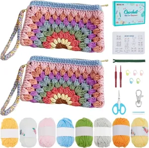 FREEBLOSS 2 Set Crochet Kit for Beginners Crochet Granny Square Pencil Case with Step-by-Step Video Tutorials Crochet Knitted Bag Knitting Kit for Adults Crochet Starter Kit