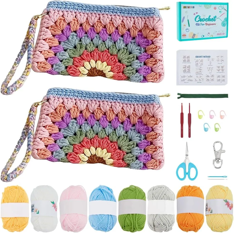 FREEBLOSS 2 Set Crochet Kit for Beginners Crochet Granny Square Pencil Case with Step-by-Step Video Tutorials Crochet Knitted Bag Knitting Kit for Adults Crochet Starter Kit