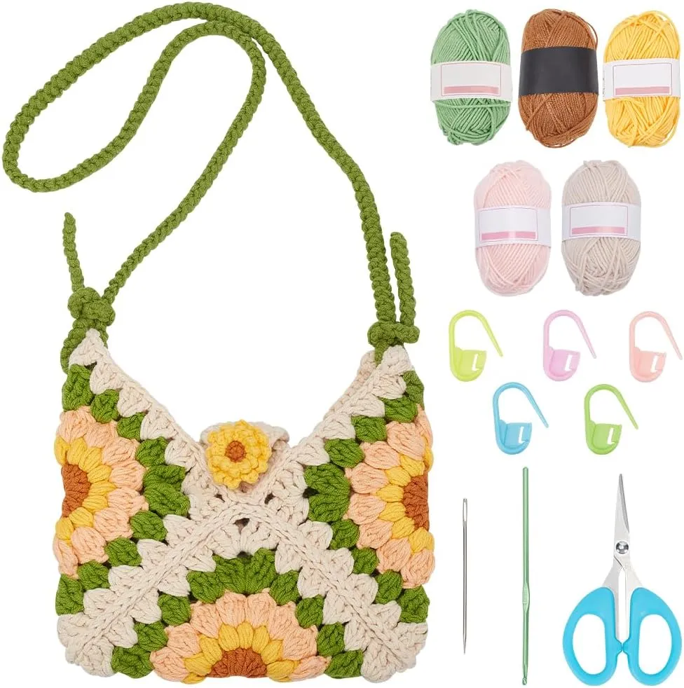 FREEBLOSS Crochet Bag Kit Beginners Crochet Kit Complete Crochet Kits for Adults DIY Sunflower Crochet Bag with Video Tutorials Crochet Beach Bag Handmade Shoulder Bag Suitable for Shopping