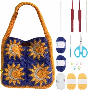 FREEBLOSS Crochet Kit for Beginners Crochet Bag Starter Kit Granny Square Crochet Tote Bag Set Sun Crochet Bag Knitting Kit with Step-by-Step Video Tutorials Adult Crafts Projects