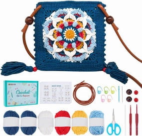 FREEBLOSS Crochet Kit for Beginners Mandala Pattern Crochet Bag Crochet Bag Starter Kit Square Crochet Tote Bag Set Knitting Kit with Step-by-Step Video Tutorials Adult Crafts Projects