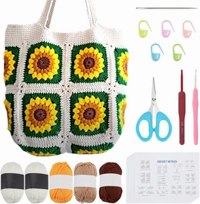 FREEBLOSS DIY Sunflower Tote Bag Crochet kit for Beginners with Step-by-Step Video Tutorials Crochet Knitted Bag Set for Adults Knitting Kit Crochet Starter Kit for Knitting Enthusiast