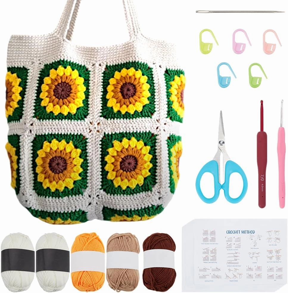 FREEBLOSS DIY Sunflower Tote Bag Crochet kit for Beginners with Step-by-Step Video Tutorials Crochet Knitted Bag Set for Adults Knitting Kit Crochet Starter Kit for Knitting Enthusiast